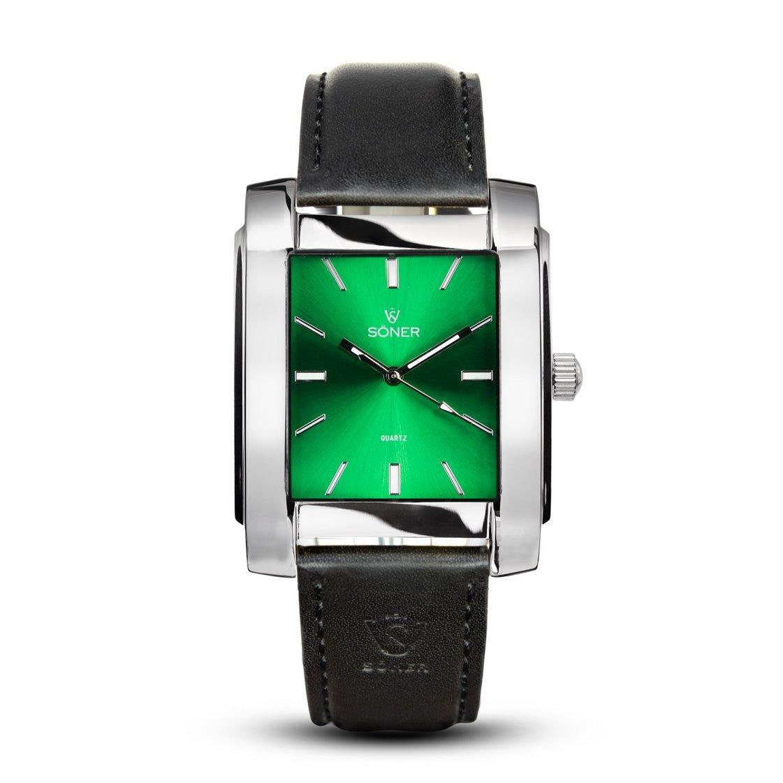 The Legacy Empire rectangular watch from Söner boasts a polished chrome frame and a vibrant green dial. Silver hour markers and hands enhance its elegance, while the black leather strap with visible stitching makes it a timeless piece.