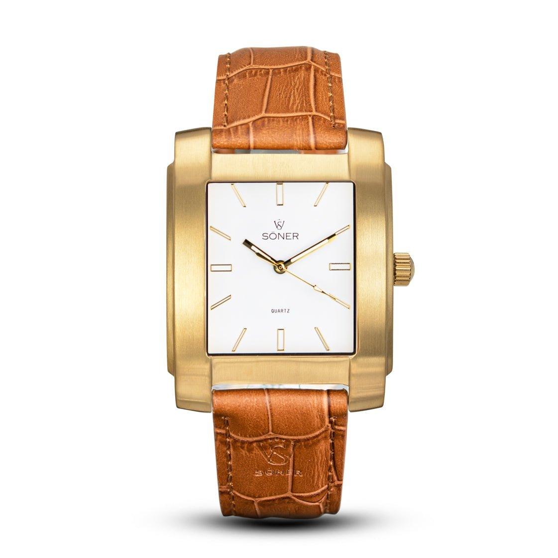 The rectangular Legacy Express watch, featuring a white face with gold hour markers and a brown crocodile-patterned leather strap, is adorned with the SONER brand and QUARTZ on the dial, showcasing timeless style and precision. This model includes a 3-year battery for enduring performance.