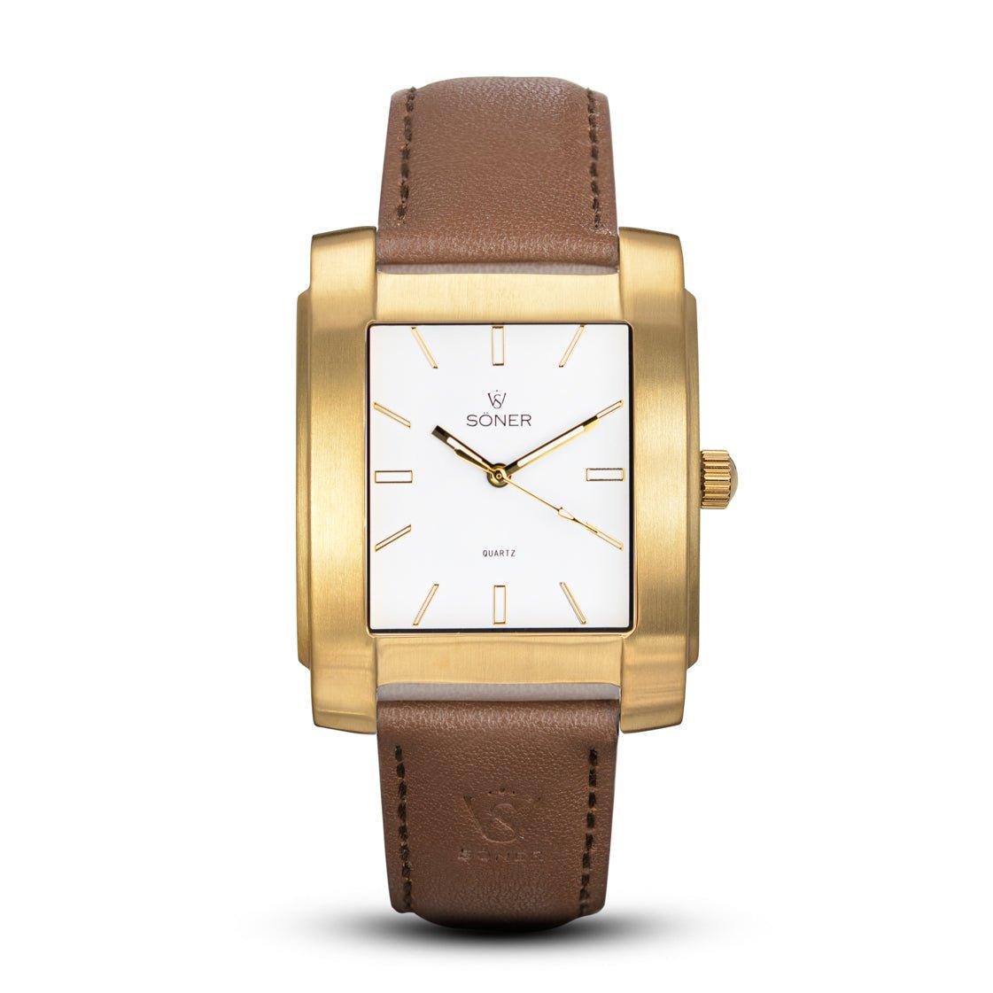 The Legacy Express (3-year Battery) is a sophisticated rectangular watch, showcasing a golden case with a white face and gold markers. It is complemented by a brown leather strap and discreetly features the Söner logo, radiating elegance against its simple white backdrop.