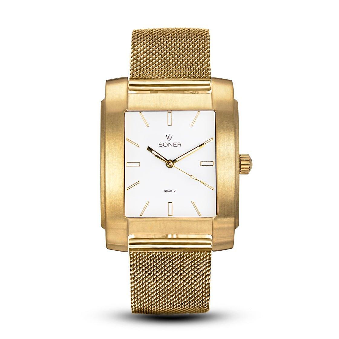 Introducing the Legacy Express (3-year Battery), a gold rectangular watch adorned with a sleek mesh strap and a pristine white face. It showcases elegant gold hour markers and hands, with the Soner brand name beautifully positioned below the 12 o’clock mark.