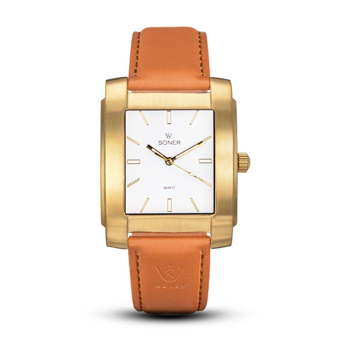 The Legacy Express rectangular watch embodies Söner's elegant craftsmanship with its white face, minimalist design, and gold hour markers and hands. It features a tan leather strap and a small knob on the right side for adjustments, all backed by a 3-year battery.