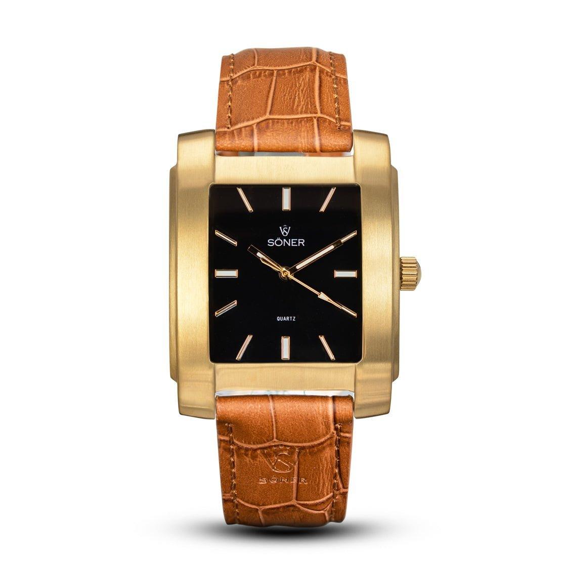 The Legacy Lacerda features a rectangular gold watch case with a textured brown leather strap. Its black dial displays gold hour markers and hands, as well as the brand name and "Quartz." This elegant timepiece from Söner embodies a minimalist design suitable for any occasion.