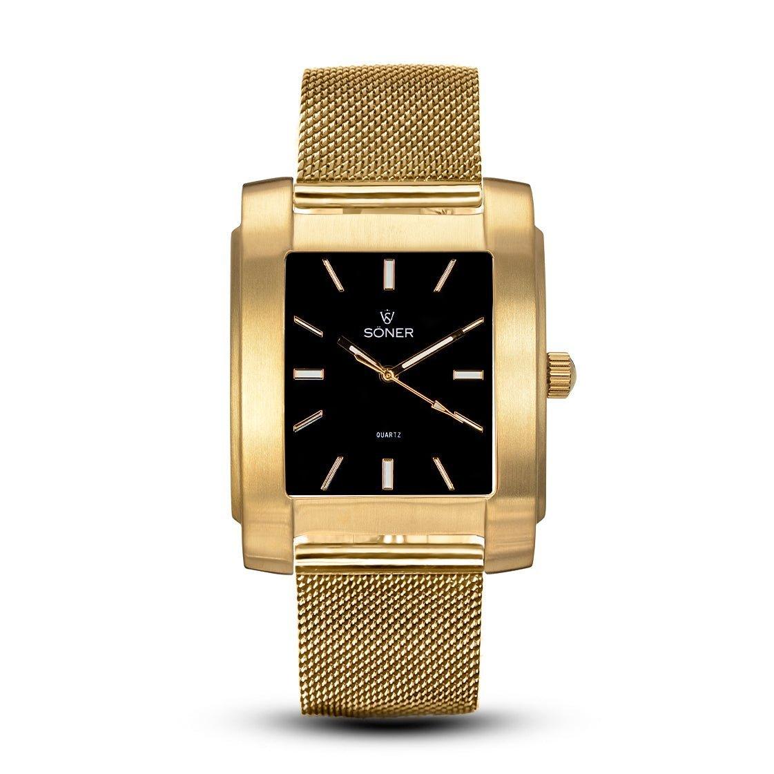 The Legacy Lacerda, featuring a rectangular design from Söner, showcases a sleek black face adorned with gold hour markers and hands. Its sophisticated look is further enhanced by a gold mesh band, with the brand name elegantly displayed on the watch face.