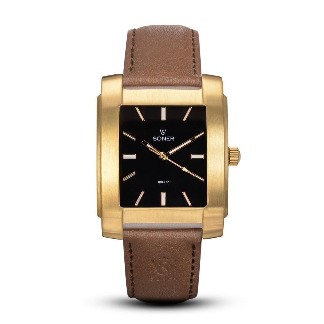 The Legacy Lacerda (3-year Battery) watch from Söner is a rectangular timepiece with a luxurious gold-toned finish, showcasing a sleek black face adorned with gold hour markers and the brand's name. It is elegantly paired with a brown leather strap and features a crown on the right side, combining sophistication and style.