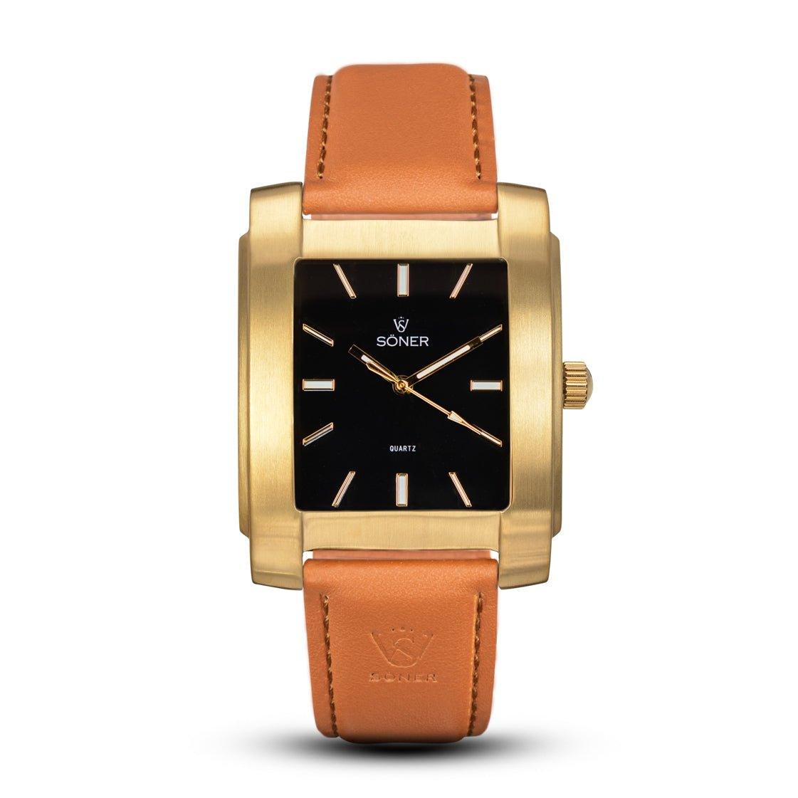 The Legacy Lacerda watch features a rectangular gold case and a black dial adorned with minimalist hour markers and hands. Its light brown leather strap beautifully complements the overall elegant design, while the subtle Söner branding is gracefully displayed on the dial. This exquisite piece is powered by a 3-year battery.