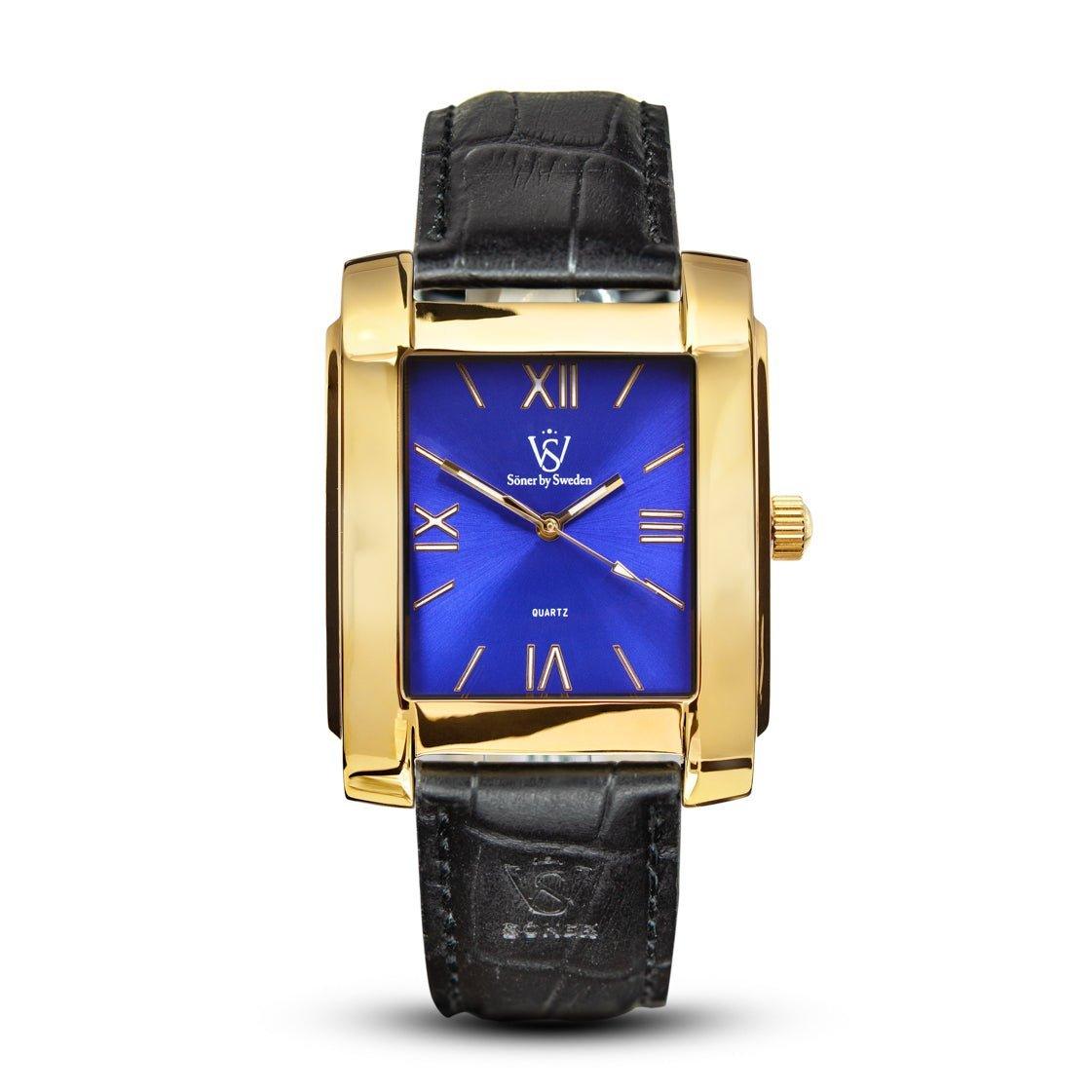 A square gold wristwatch from Söner's Legacy Mercado collection, featuring a black leather strap and an eye-catching blue face. It gracefully displays Roman numerals with two gold hands, while the brand logo and Quartz are prominently visible on the watch face. (3-year Battery included)