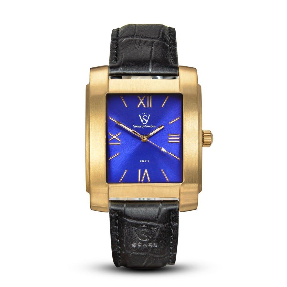 Introducing the Legacy Mutual by Söner, this exquisite square watch showcases a gold-toned case paired with a blue dial adorned with Roman numerals. It is complemented by a black leather strap featuring a textured pattern that enhances its sophistication and runs on a 3-year battery.