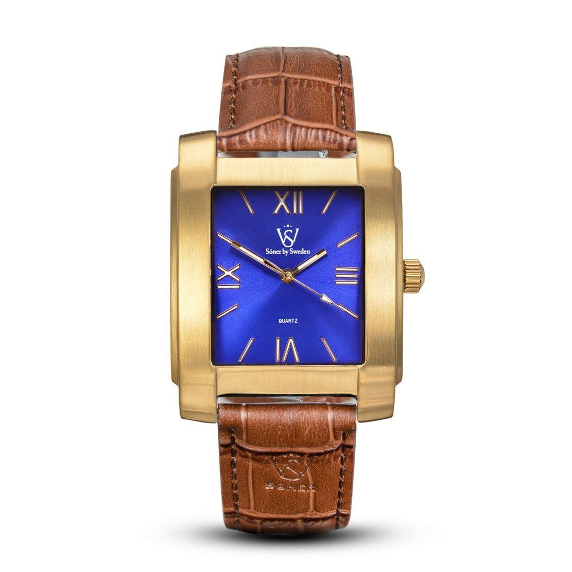 Introducing the Legacy Mutual (3-year Battery) by Söner, this square wristwatch showcases a gold-toned case paired with a blue dial embellished with Roman numerals. Its elegant design is further enhanced by a brown leather strap.