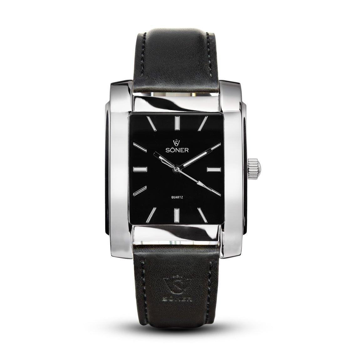 Rectangular men s watch in polished steel with a black dial