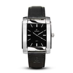 Söner Legacy Paramount rectangular watch with a polished steel case, onyx black dial, silver hour markers, and a smooth black leather strap.
