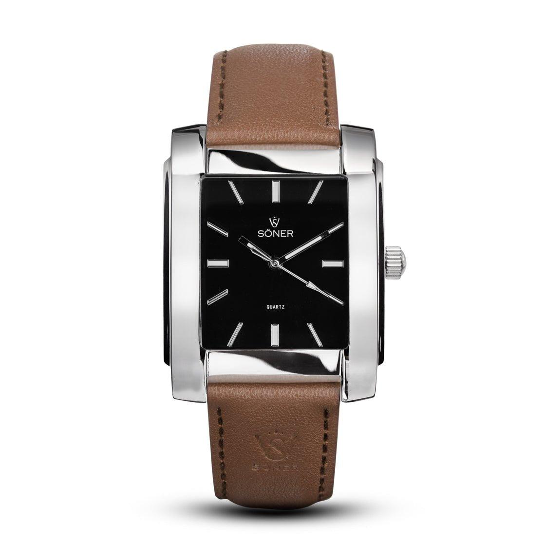 The Legacy Paramount rectangular watch features a black face with silver hour markers and hands, all encased in a polished silver-toned case. Its brown leather strap complements the elegant design perfectly. The dial prominently displays the Söner brand along with 'Quartz', emphasizing its precision craftsmanship and comes with a 3-year battery.