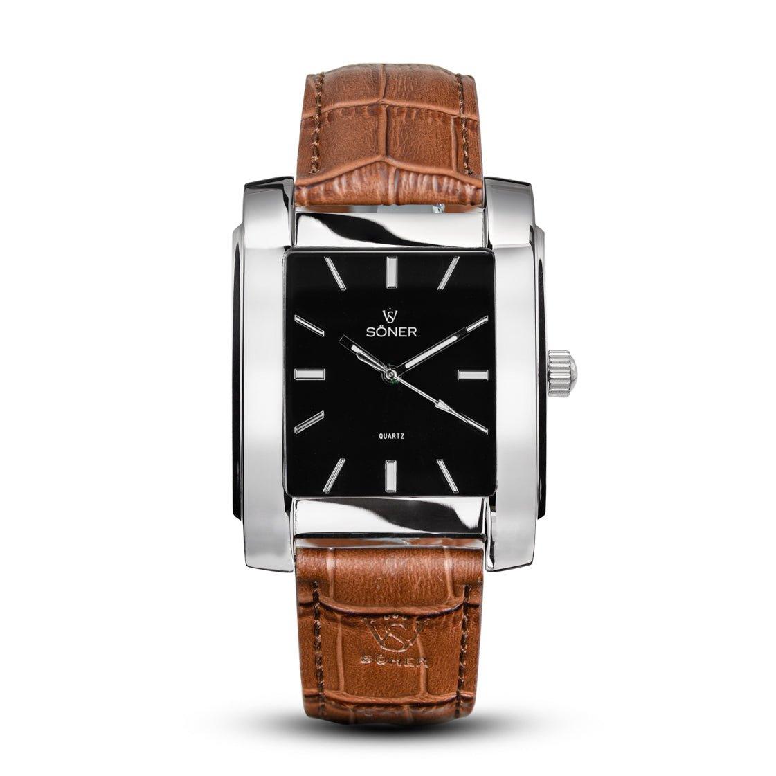 The Legacy Paramount wristwatch from Söner features a rectangular design with a silver frame and a black dial adorned with slim silver hour markers and hands. It is complemented by a textured brown leather strap, showcasing the Soner brand name tastefully on the dial. Plus, it offers the convenience of a 3-year battery life.