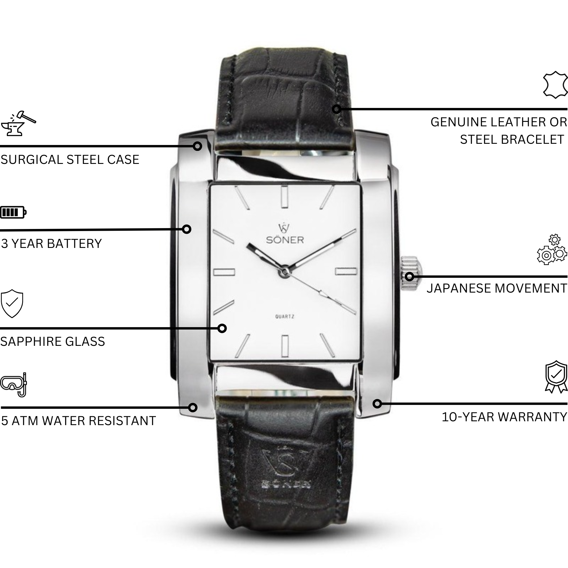 The Legacy Prisma is a sleek steel rectangular wristwatch, featuring a black leather strap and a white face with minimalist hour markers and two hands. It proudly displays the distinctive Soner brand name.