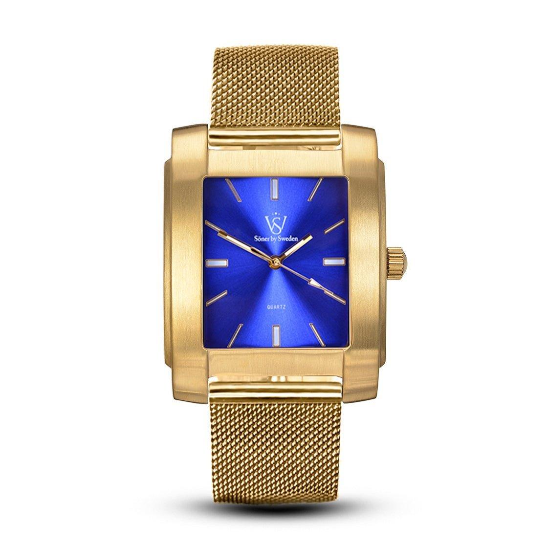 The Legacy Tobacco from Söner showcases a rectangular design with a gold wristwatch and a mesh band. Its striking blue dial is enhanced by gold hour markers and hands, providing a touch of timeless elegance.