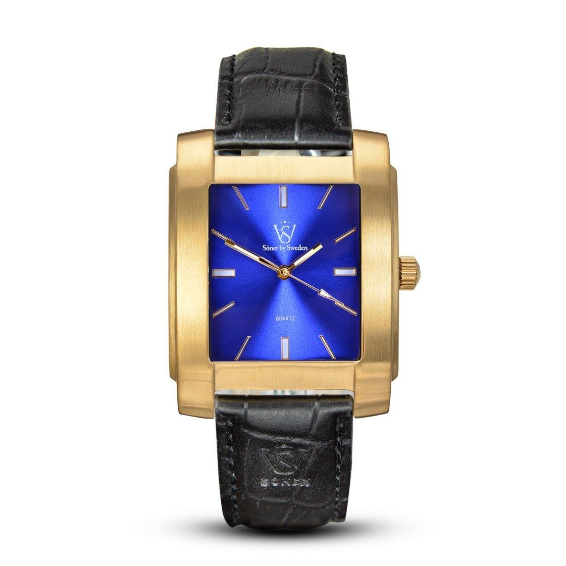 The Legacy Tobacco watch, with its gold rectangular case and striking blue face adorned with sleek gold hour markers, exudes minimalistic elegance. Its black leather strap boasts a textured pattern, while the watch hands and crown enhance its allure—a rectangular masterpiece echoing the finesse of a square timepiece from Söner.