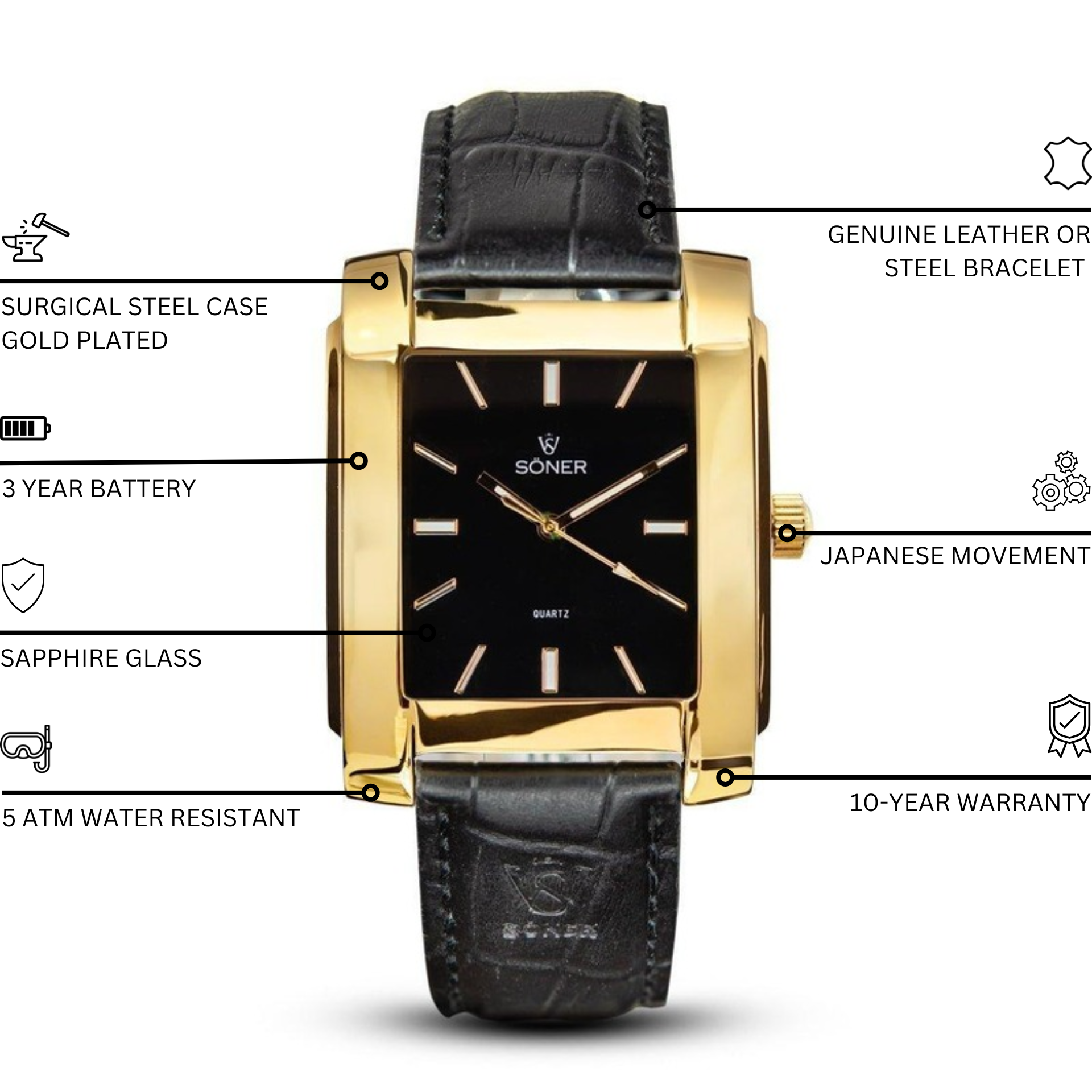 The Legacy Waldorf rectangular watch from Söner, boasting a sleek rectangular design with a gold frame and black dial, complemented by a matching black leather strap. The watch is elegantly designed with simple gold hour markers and hands, and prominently features the brand name on its dial. Plus, it offers a 3-year battery life for long-lasting wear.