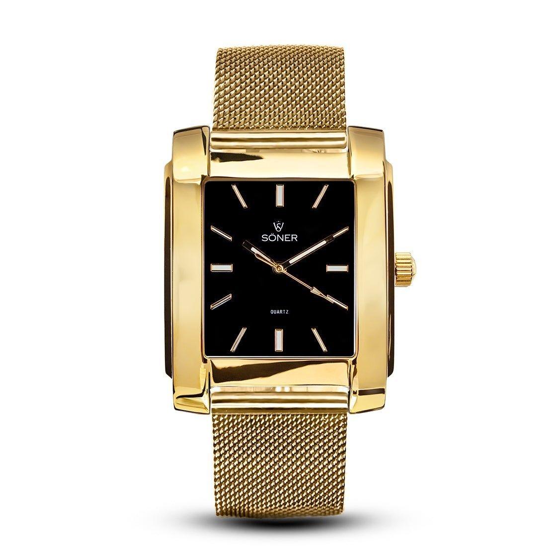 The Legacy Waldorf (3-year Battery) from Söner is a luxurious timepiece, featuring a gold mesh band and gold casing. Its black face elegantly displays simple gold hour markers and hands, seamlessly blending sophistication with timeless design.