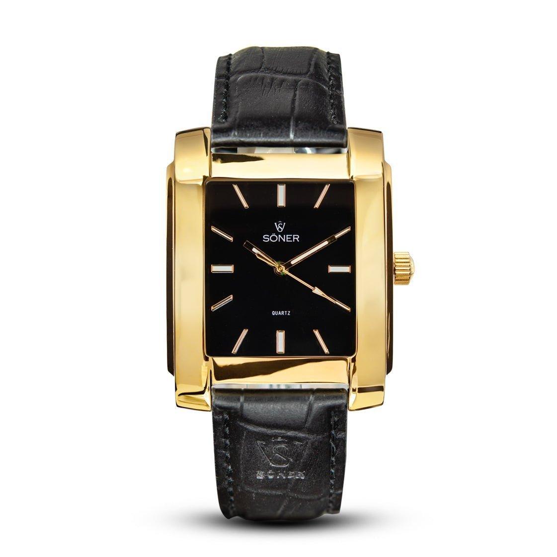 Introducing the Legacy Waldorf wristwatch from Söner, boasting a sleek rectangular design with a gold frame and black dial, complemented by a matching black leather strap. The watch is elegantly designed with simple gold hour markers and hands, and prominently features the brand name on its dial. Plus, it offers a 3-year battery life for long-lasting wear.