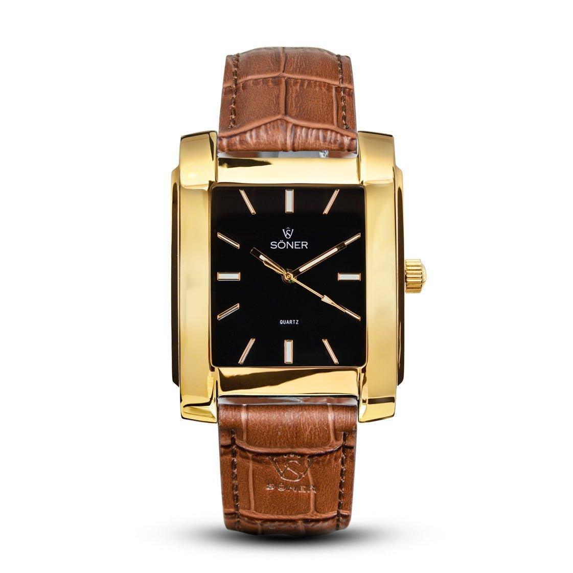 The Legacy Waldorf rectangular watch features an elegant gold frame with a sleek black face and minimalist hour markers. Its refined design is complemented by a rich brown leather strap, proudly showcasing the Soner brand on the dial and offering a 3-year battery life.