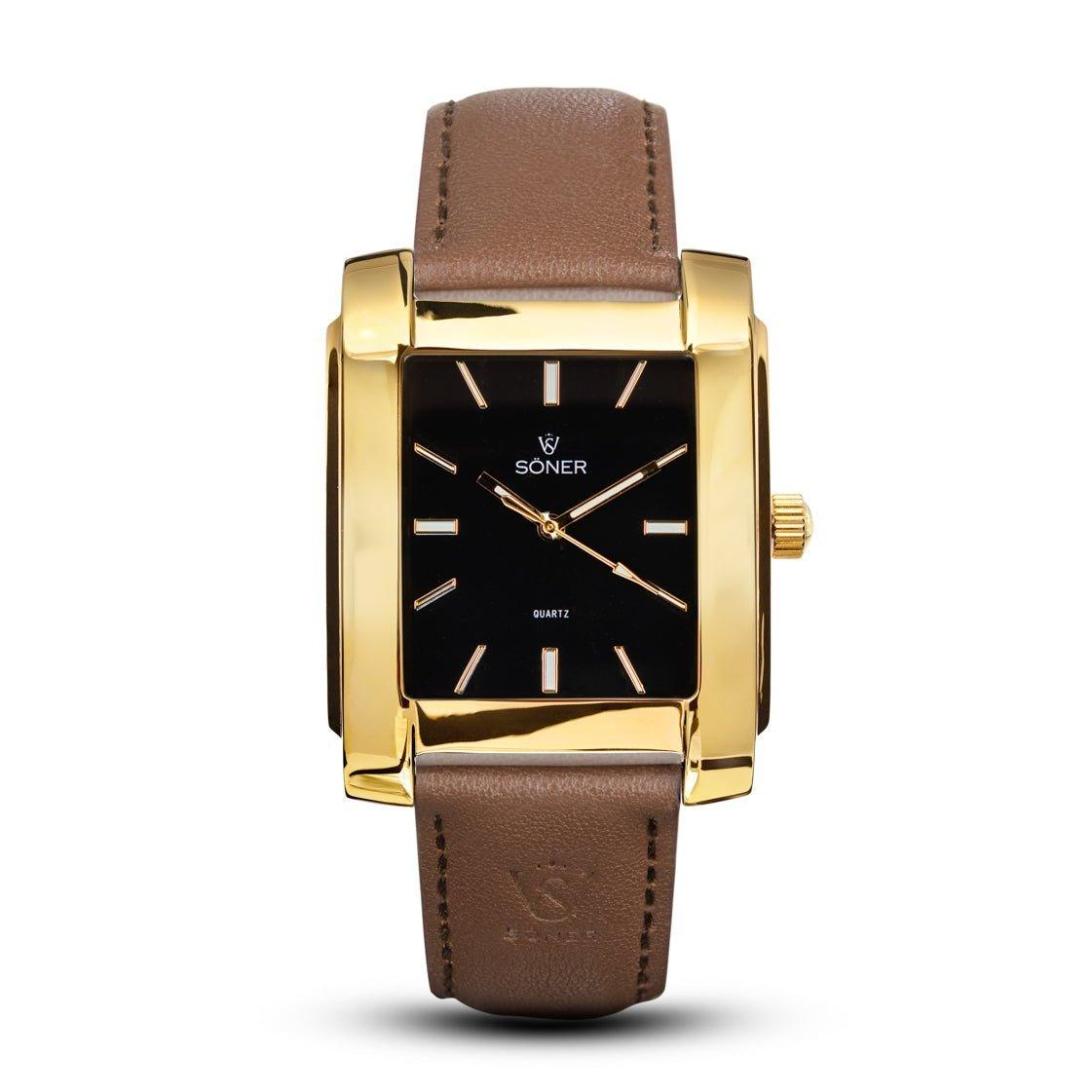 Introducing the Momentum Astoria by Söner: a self-winding rectangular watch featuring a gold case with a black face and gold hour markers. The crown is situated on the right side, complemented by a brown leather strap with visible stitching. The watch face proudly displays the name SONER.