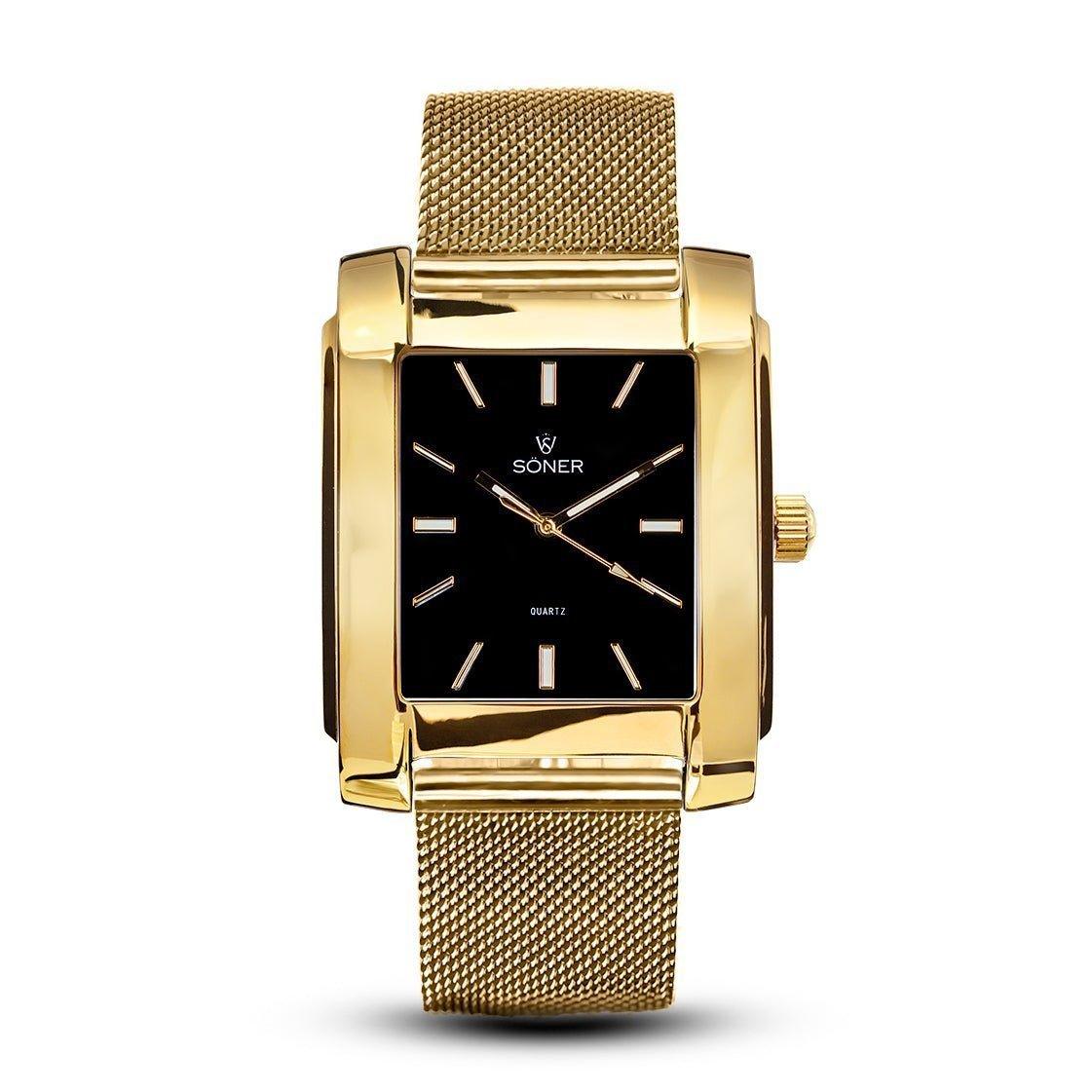 Introducing the Momentum Astoria (Self-winding) from Söner, this timepiece showcases a sleek black dial adorned with gold hour markers, all encased in a polished gold case. Its elegant design is enhanced by a gold mesh strap and a discreet crown on the right side, while the distinguished brand name is prominently displayed on the dial.