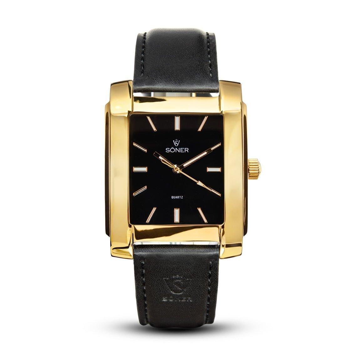 Introducing the Momentum Astoria (Self-winding), a luxury rectangular watch that sports a sleek black face within a gold-toned frame. This timepiece is designed with minimalistic markers and two hands, and it prominently features the Soner name. The watch boasts an elegant black leather strap, complete with a subtle logo embossed near the clasp.