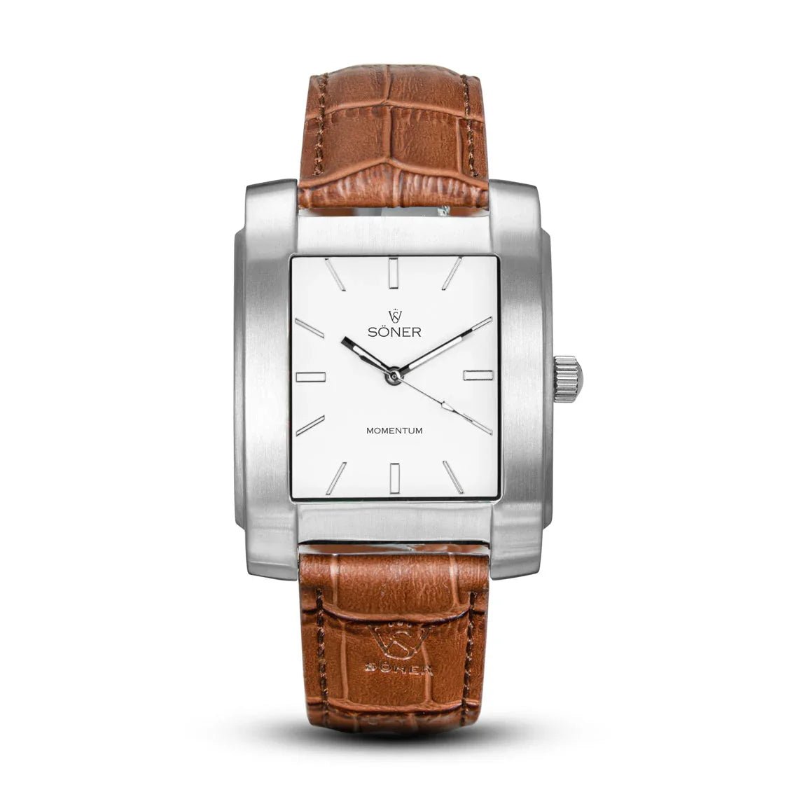 A brushed stainless steel automatic rectangular watch with a white face, minimal hour markers, and a brown leather strap featuring a crocodile pattern. The watch displays SONER and MOMENTUM, powered by the Japanese Miyota 9039 movement.