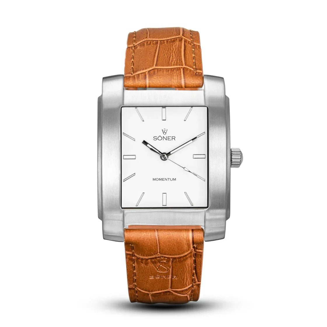 A rectangular silver wristwatch with a white face, minimalist hour markers, and a brown crocodile-pattern leather strap. This brushed stainless steel watch features Japanese Miyota 9039 movement; SÖNER and MOMENTUM are visible on the dial.