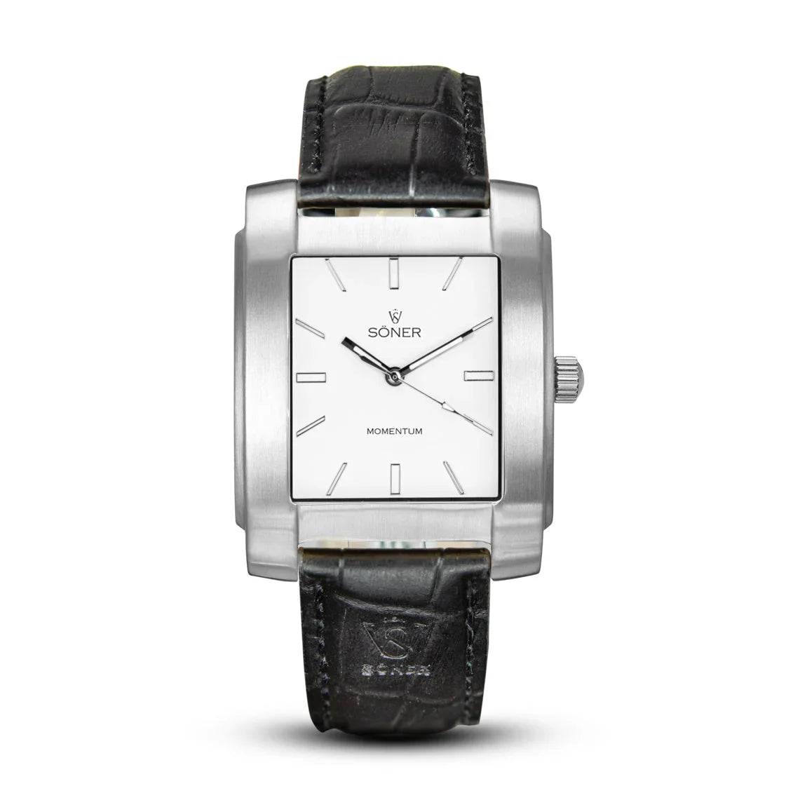 A brushed stainless steel, automatic rectangular watch with a white face, simple hour markers, and a black leather strap. Featuring Japanese Miyota 9039 movement, the dial displays “SONER” and “MOMENTUM.”.