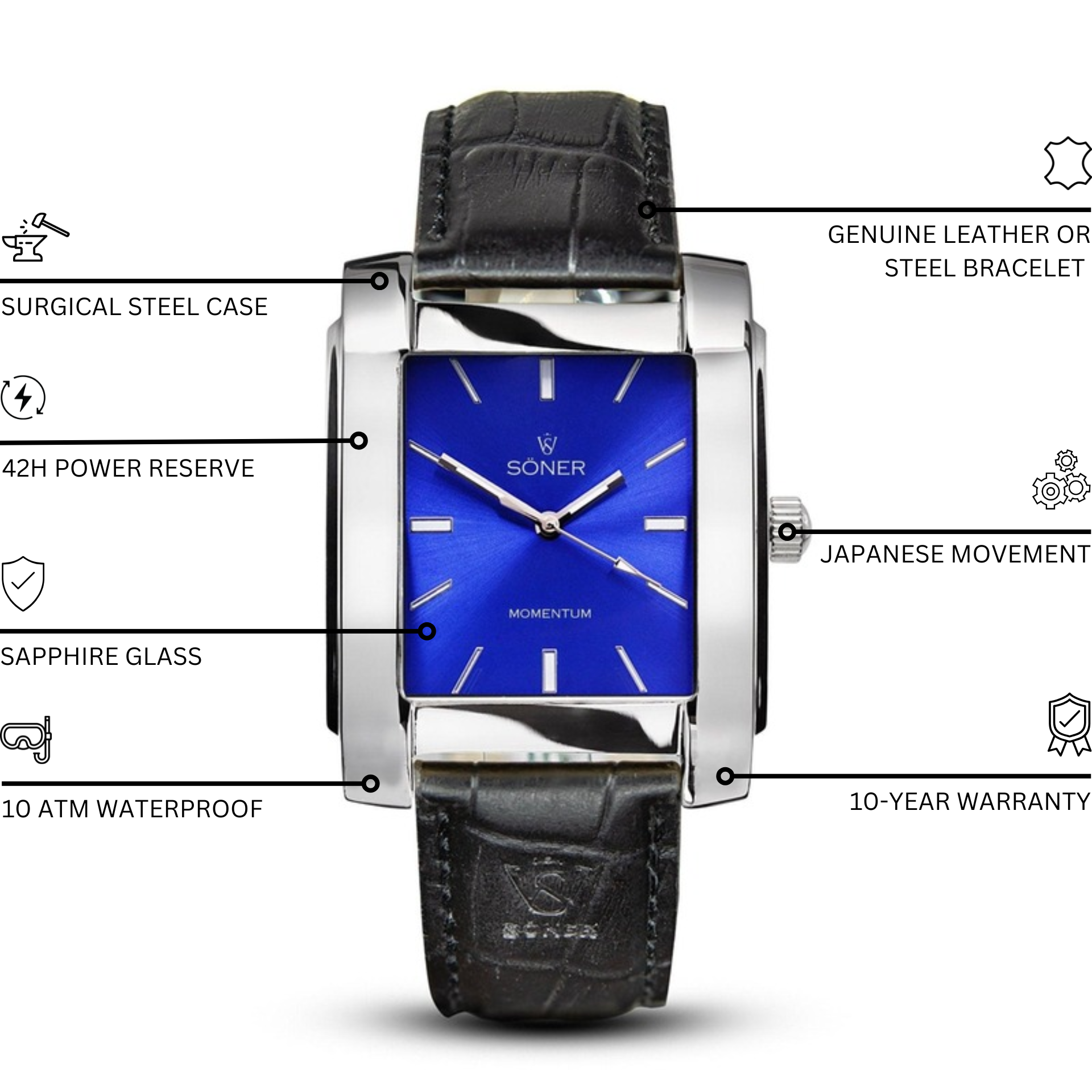 Momentum Bacardi square watch from Söner showcases a silver case paired with a blue dial adorned with minimalist hour markers and slender hands. It is enhanced by a black leather strap featuring a crocodile pattern, fastened by a silver buckle.
