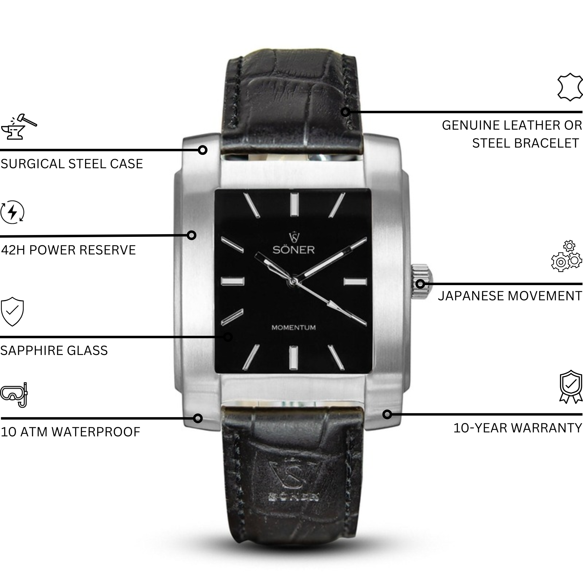 The Momentum Eden, a rectangular watch with a black leather strap and a sleek silver metallic case. The elegant black dial features silver hour markers and hands, with the names SONER and MOMENTUM gracefully displayed on its face.