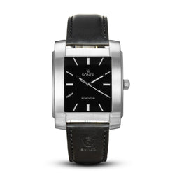 Momentum Eden Automatic rectangular watch featuring a brushed stainless steel case, black onyx dial with polished indices, and a smooth black leather strap.