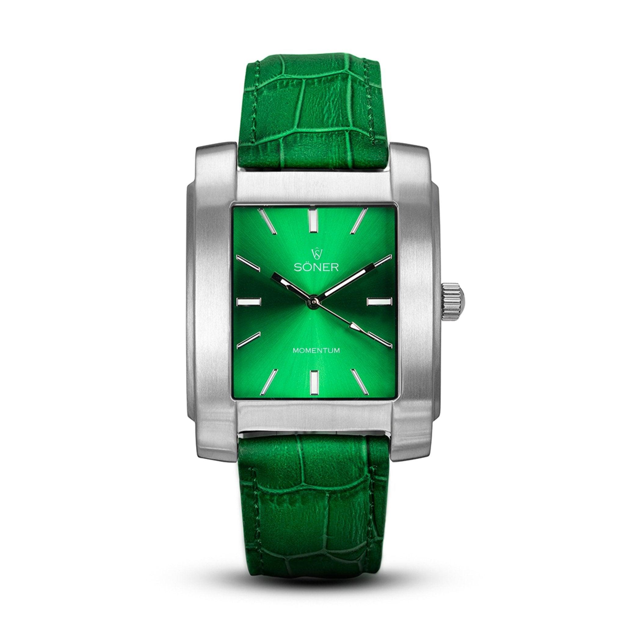 The Momentum Fairmont (Self-winding) is a sophisticated rectangular watch featuring a green face adorned with silver hour markers. It has a stainless steel case and comes with a textured green leather strap. The dial elegantly displays the Söner branding at the top and Momentum at the bottom, enhancing its refined design.