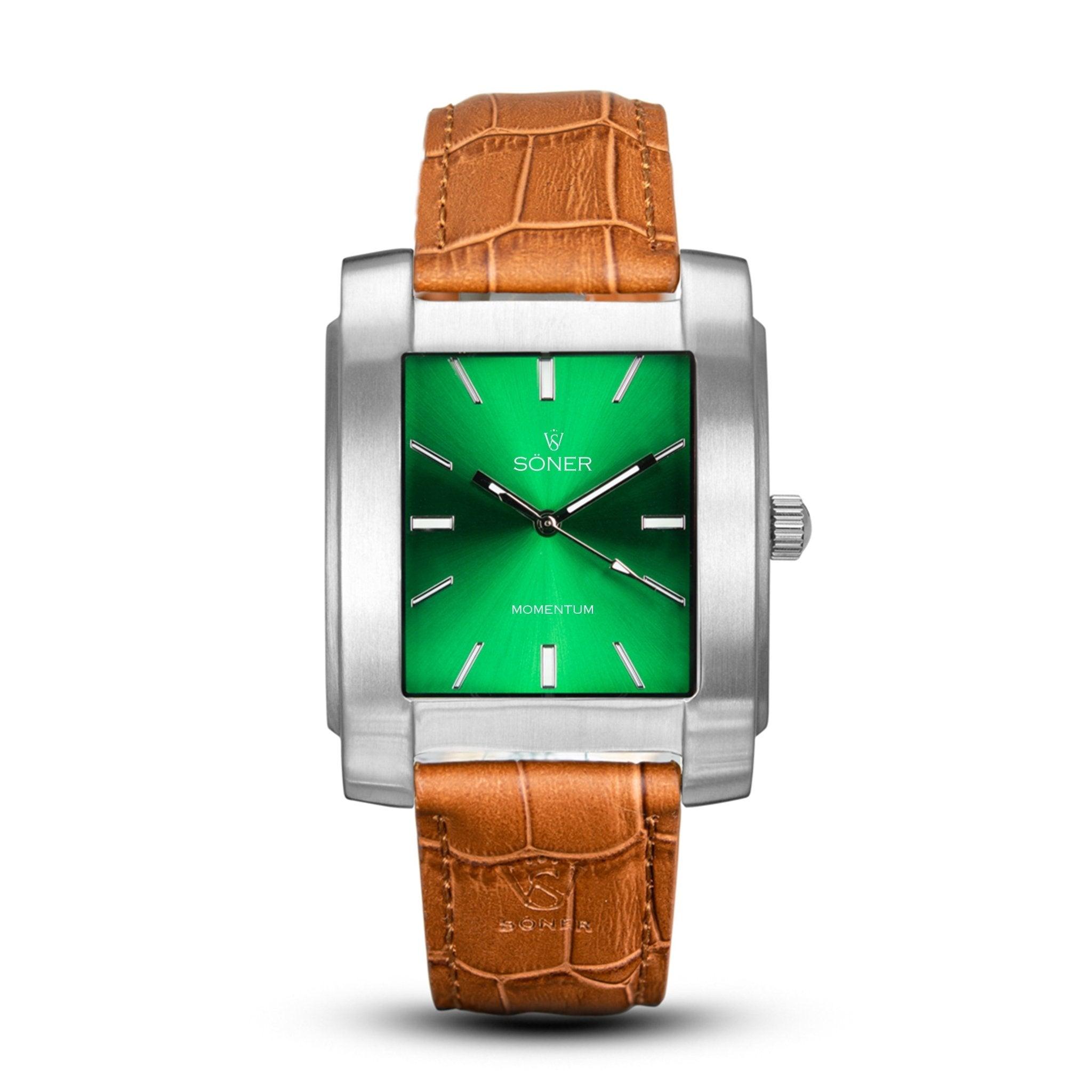 Square silver wristwatch from Söner with a green dial and silver hour markers, featuring a brown leather strap with a textured pattern. The dial showcases the words "Söner" and "Momentum Fairmont" (Self-winding).