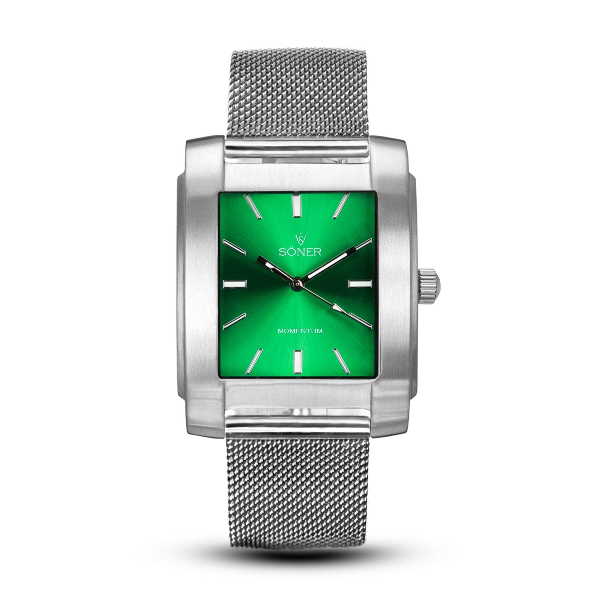 The Momentum Fairmont (Self-winding) by Söner is a square watch that boasts a vibrant green dial adorned with silver hour markers. Its sleek design includes a silver mesh band, and it features a small dial on the right side where the SONER brand name is proudly displayed.