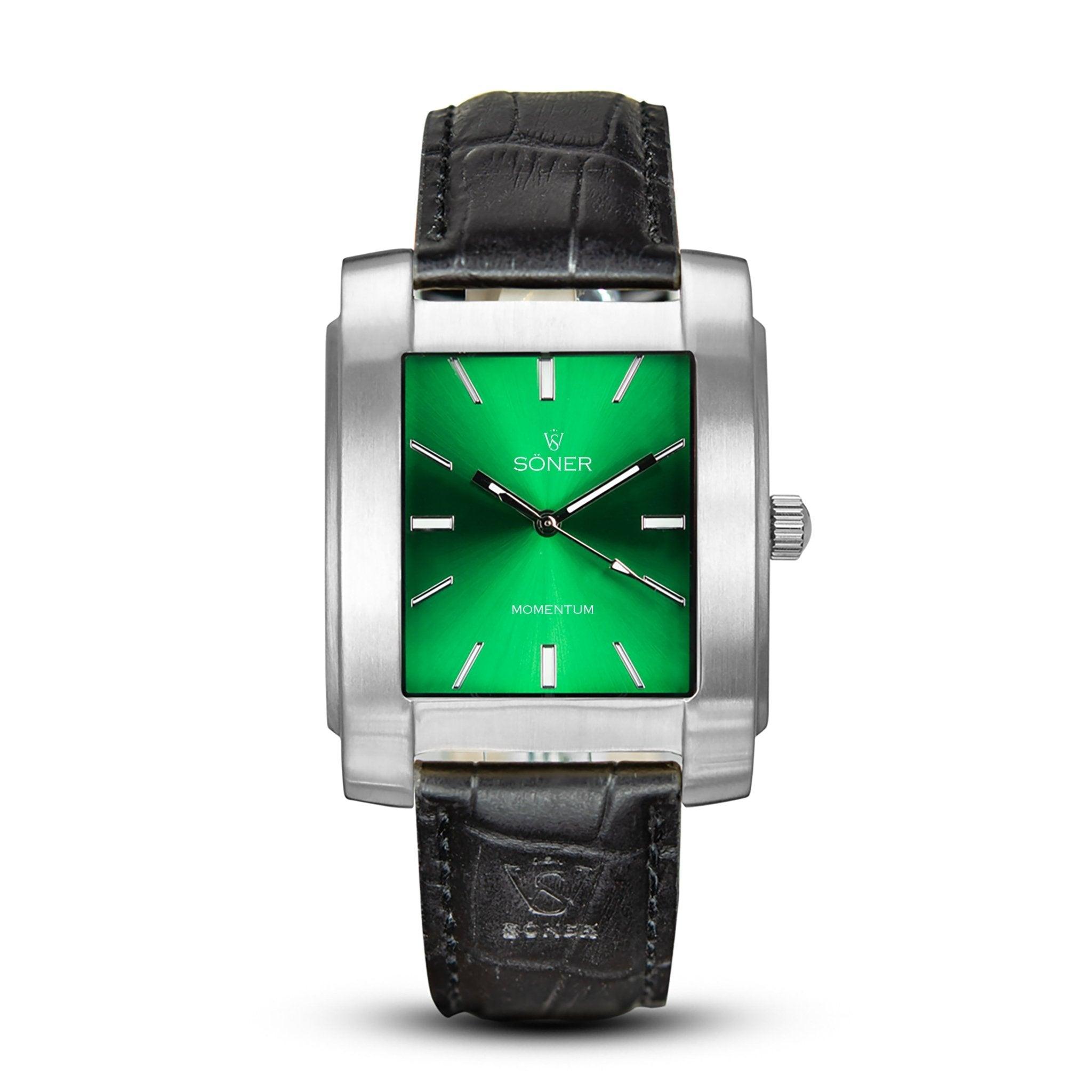 Introducing the Momentum Fairmont (Self-winding) by Söner: a chic rectangular watch boasting a silver casing and an eye-catching green dial. This timepiece showcases sleek silver hour markers and hands, perfectly paired with a textured black leather strap, which enhances its contemporary design.