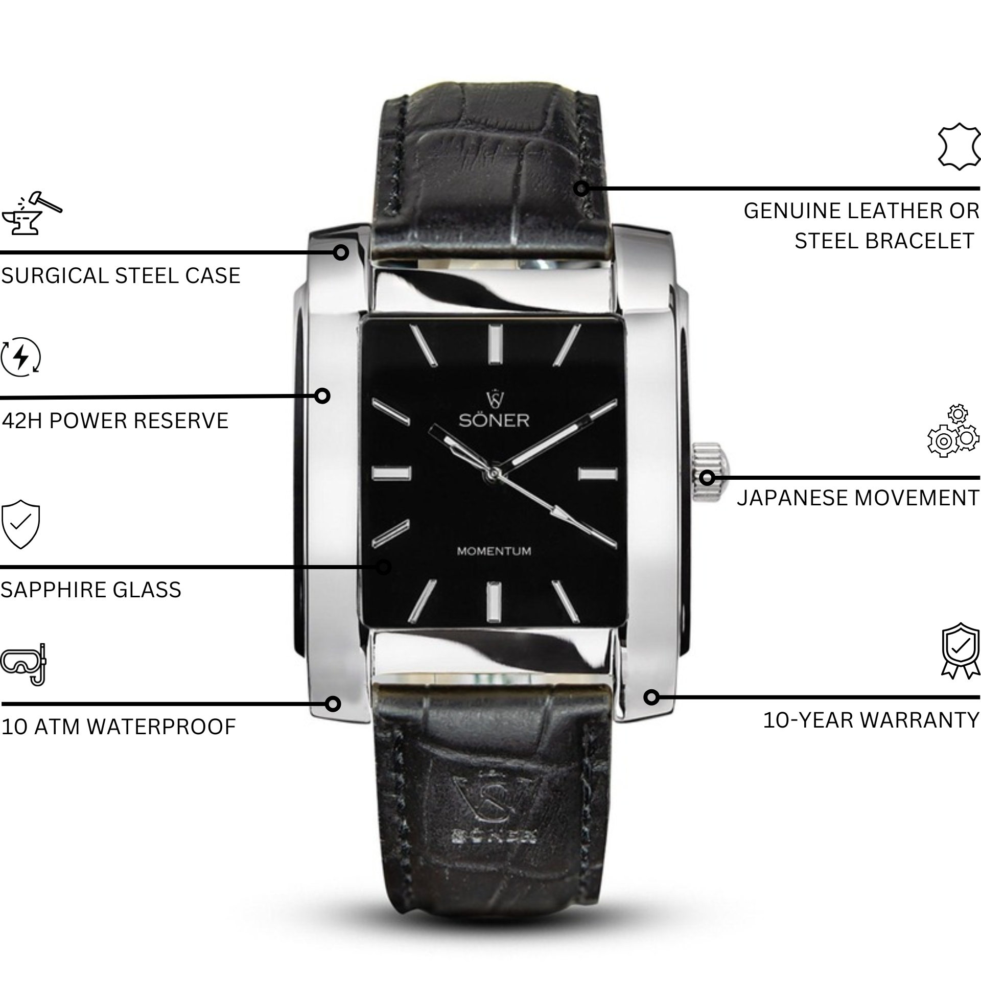 Timeless elegance with the Momentum Harlingen (Self-winding) watch by Söner. This rectangular timepiece showcases a black face with sleek silver hour markers. The textured black leather strap and a small crown on the right side enhance its sophisticated charm, and the name "Soner" is stylishly displayed on the watch face.