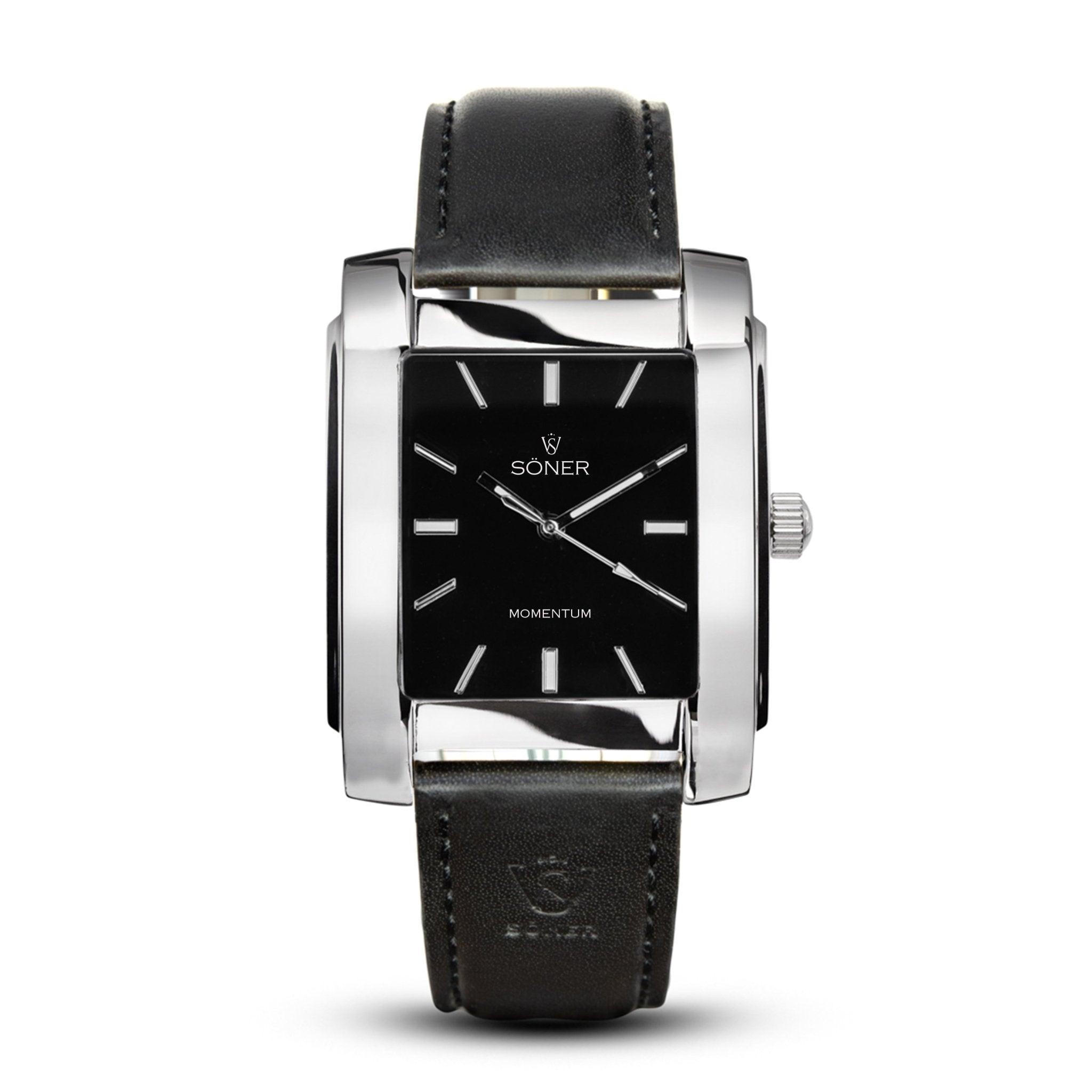 A sleek, silver rectangular watch named Momentum Harlingen from Söner, featuring a black leather strap. The elegant black face showcases silver hour markers and hands, prominently displaying the SONER brand alongside "Momentum" in crisp white.