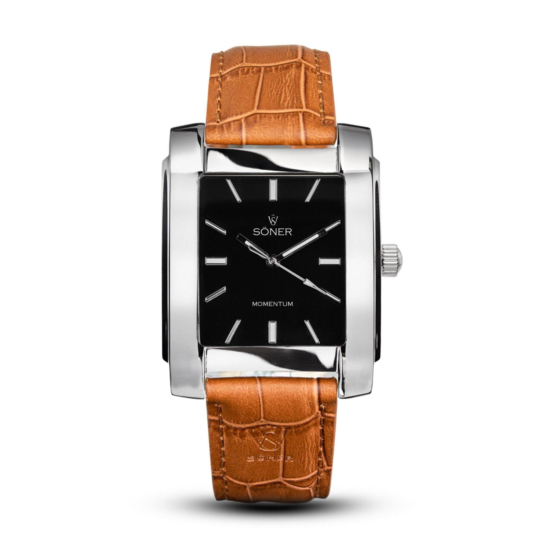 Momentum Harlingen, a rectangular wristwatch from Söner, features a polished silver bezel, black dial, and silver hour markers. It is mounted on a brown crocodile-textured leather strap and operates with self-winding movement.