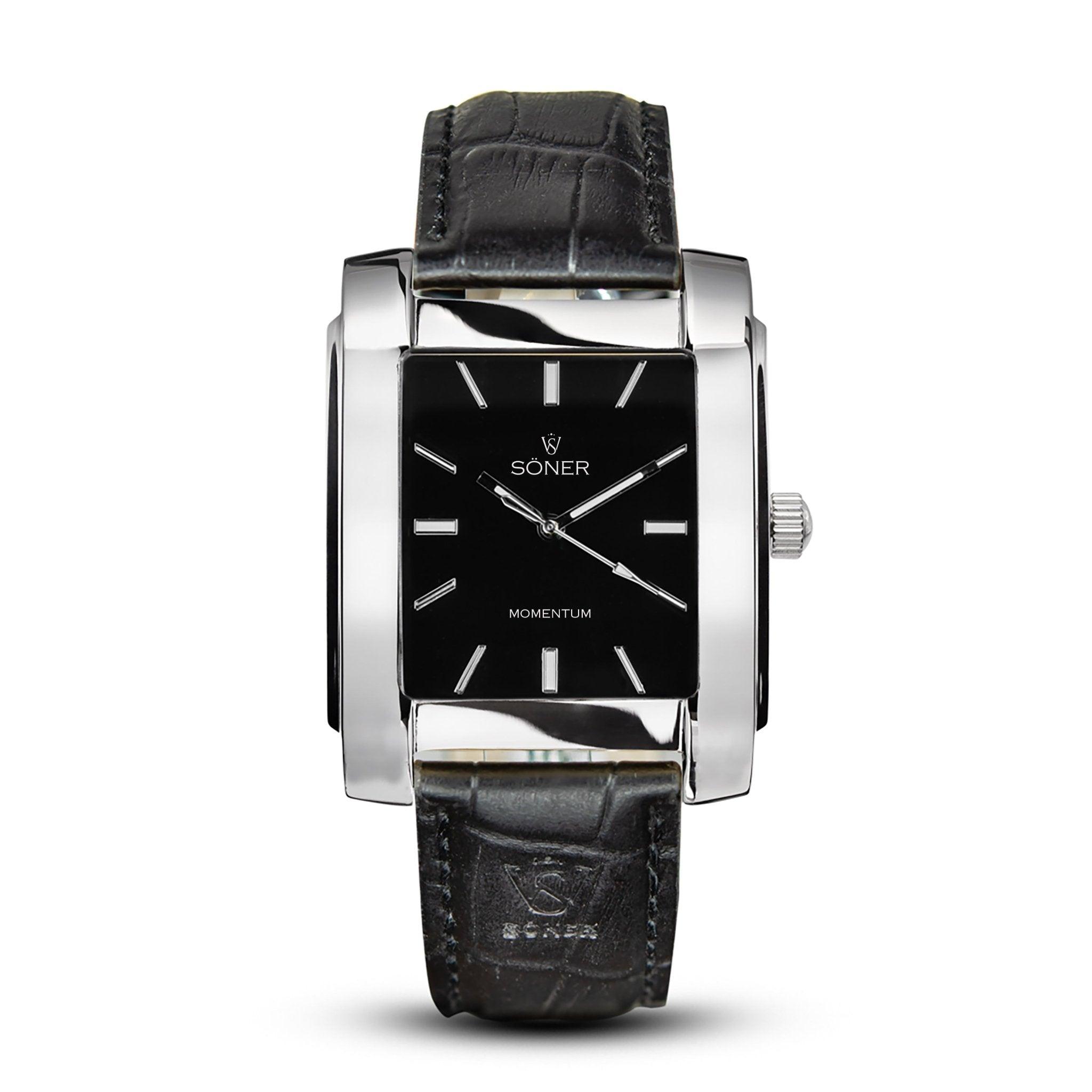 Experience timeless elegance with the Momentum Harlingen (Self-winding) watch by Söner. This rectangular timepiece showcases a black face with sleek silver hour markers. The textured black leather strap and a small crown on the right side enhance its sophisticated charm, and the name "Soner" is stylishly displayed on the watch face.