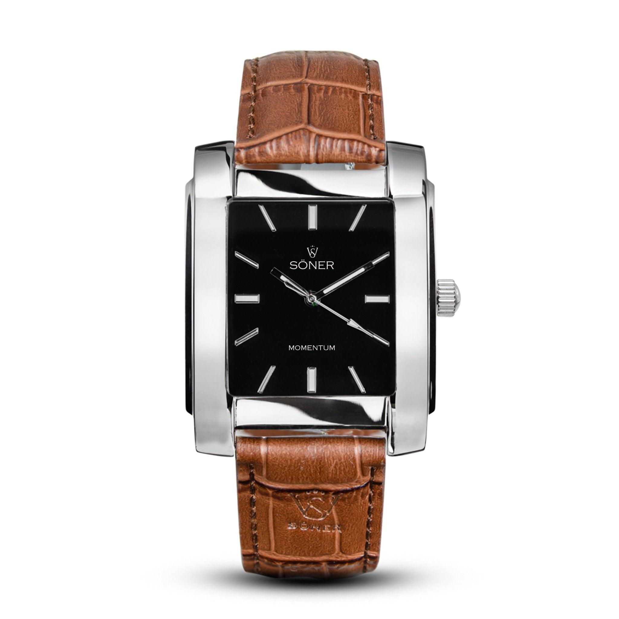 The Momentum Harlingen is a self-winding watch featuring a sleek rectangular design with a silver frame and black dial. It showcases minimalist hour markers and two hands, paired with a textured brown leather strap. The watch face prominently displays the brand name and the word MOMENTUM, capturing classic elegance from Söner.