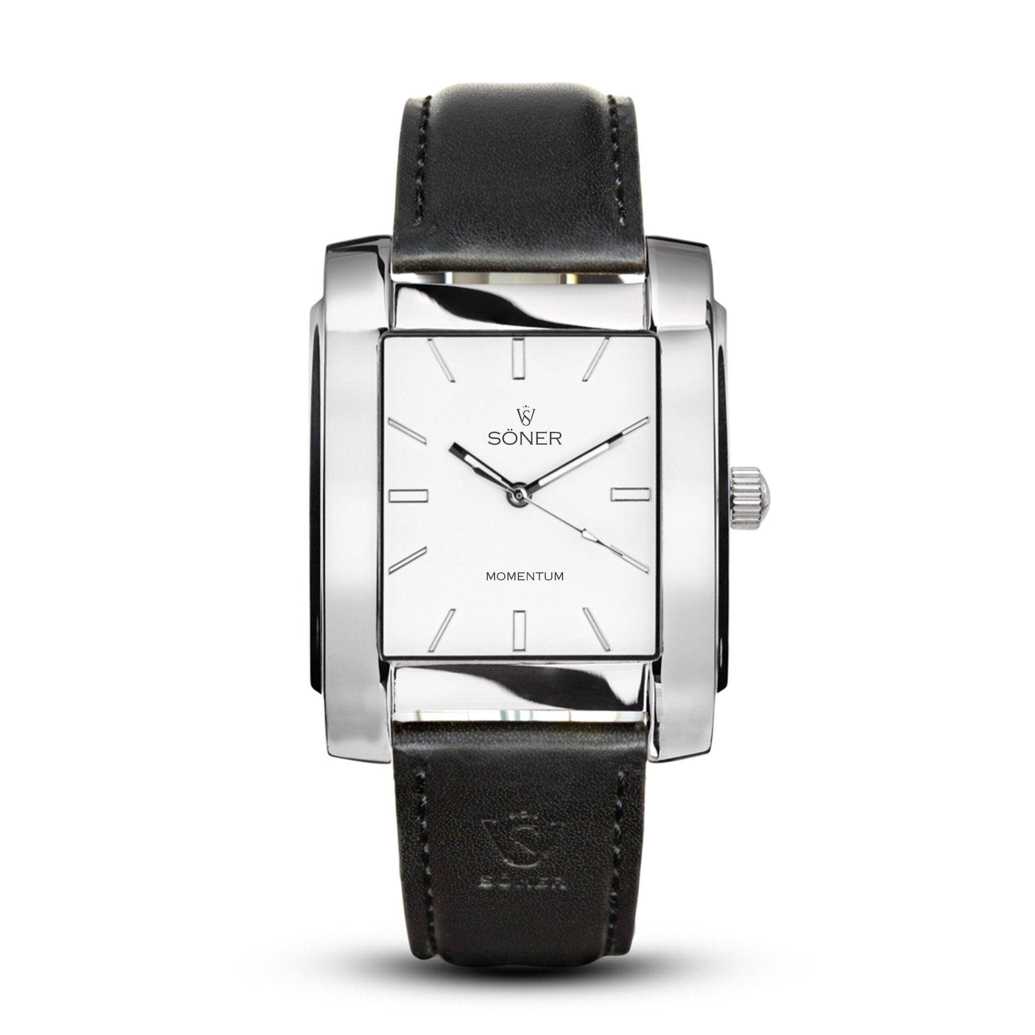 The Momentum Hoover watch features a rectangular design with a sleek silver case and a black leather strap. The watch's white face showcases silver hour markers and hands, along with the brand name SONER. Positioned above the 6 o'clock mark, the word MOMENTUM is prominently displayed, embodying timeless elegance in its design.