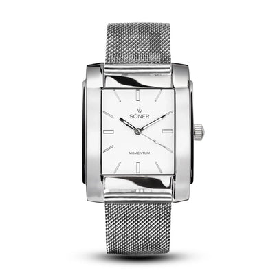 Momentum Hoover Automatic rectangular watch with a polished stainless steel case, minimalist white dial, and a stainless steel mesh bracelet by Söner Watches.