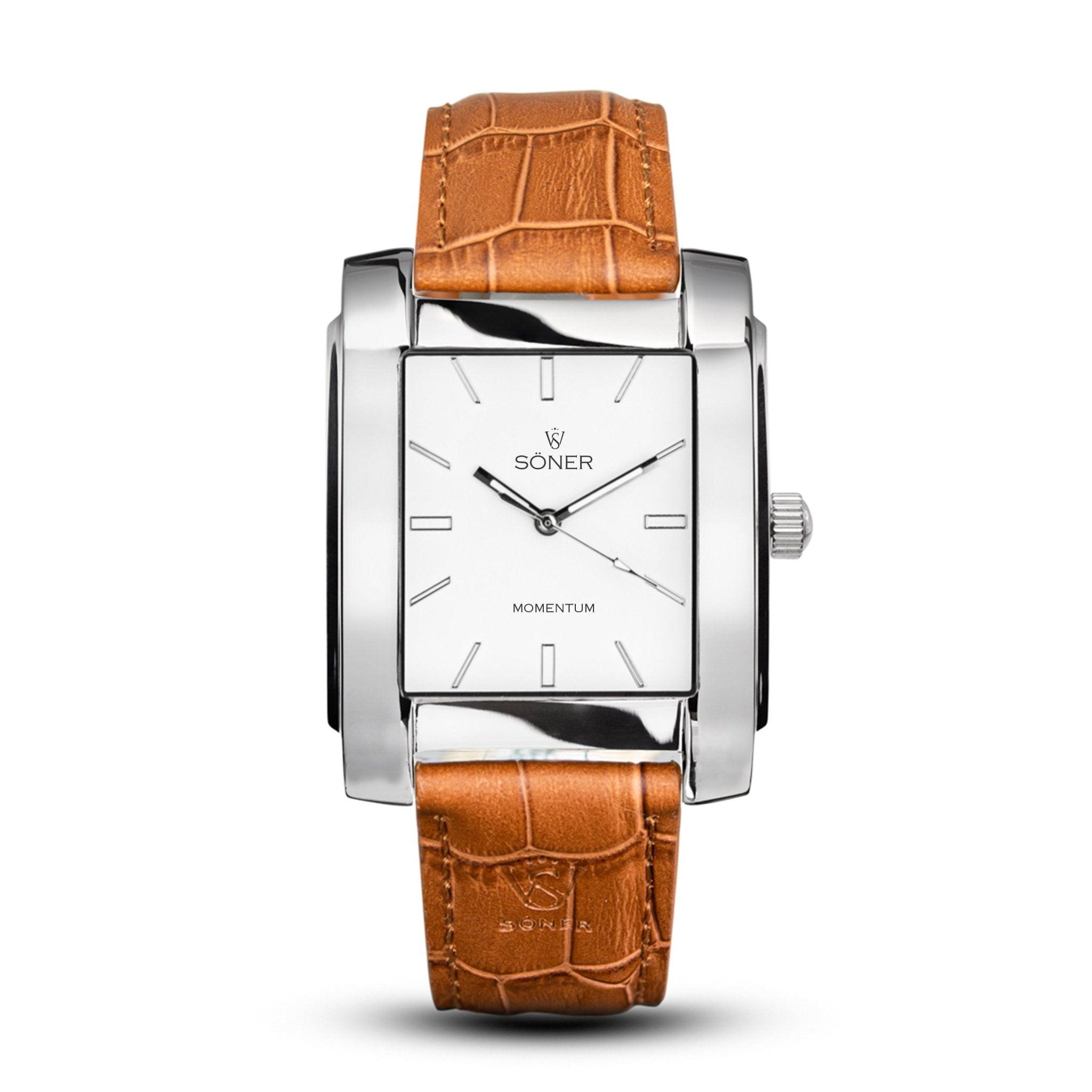 The Momentum Hoover, a self-winding watch from Söner, showcases a rectangular design with a silver face that exudes minimalist elegance. It comes equipped with a brown leather strap featuring a crocodile pattern and simple hour markers and hands, making it an ideal choice for those who favor understated sophistication.