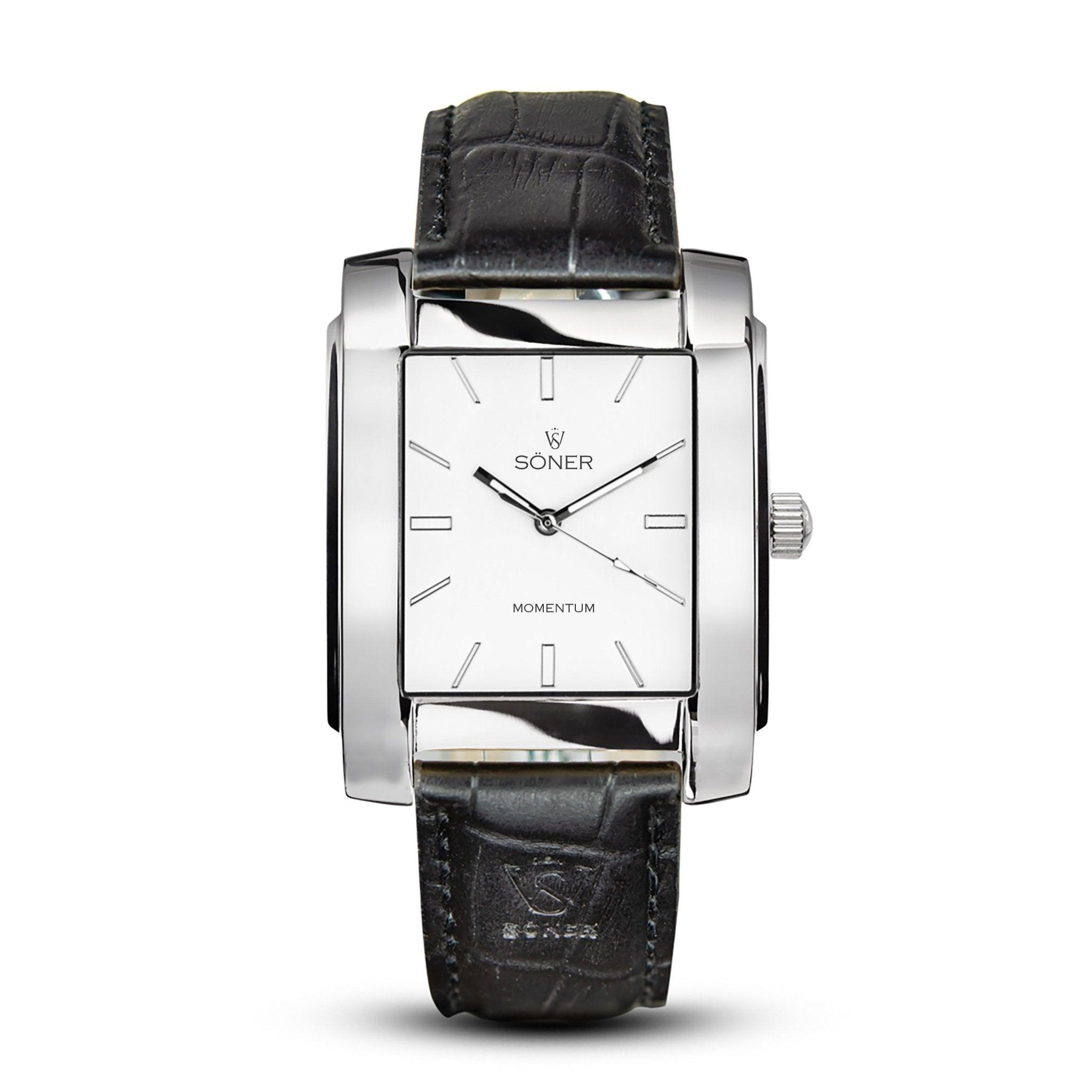 The Momentum Hoover features a rectangular design with a black leather strap and a silver-tone case, highlighting its simplicity. The white dial is adorned with minimalist hour markers and two hands, with the brand name Soner elegantly displayed near the top.