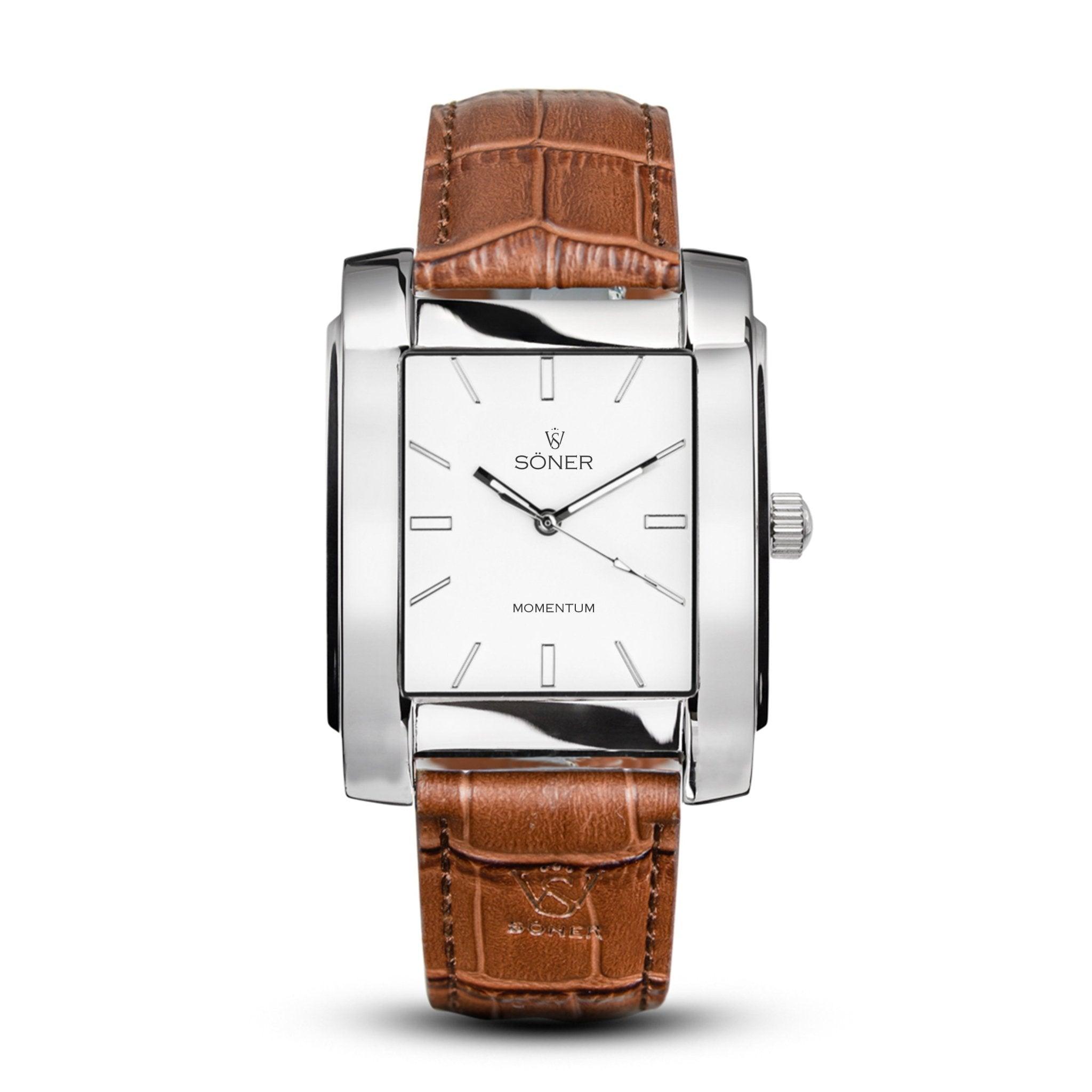 Introducing the Momentum Hoover (Self-winding): a luxurious rectangular watch featuring a silver case and white dial adorned with minimalist hour markers. Its brown leather strap, designed with a crocodile pattern, embodies elegance and sophistication in true Söner style.