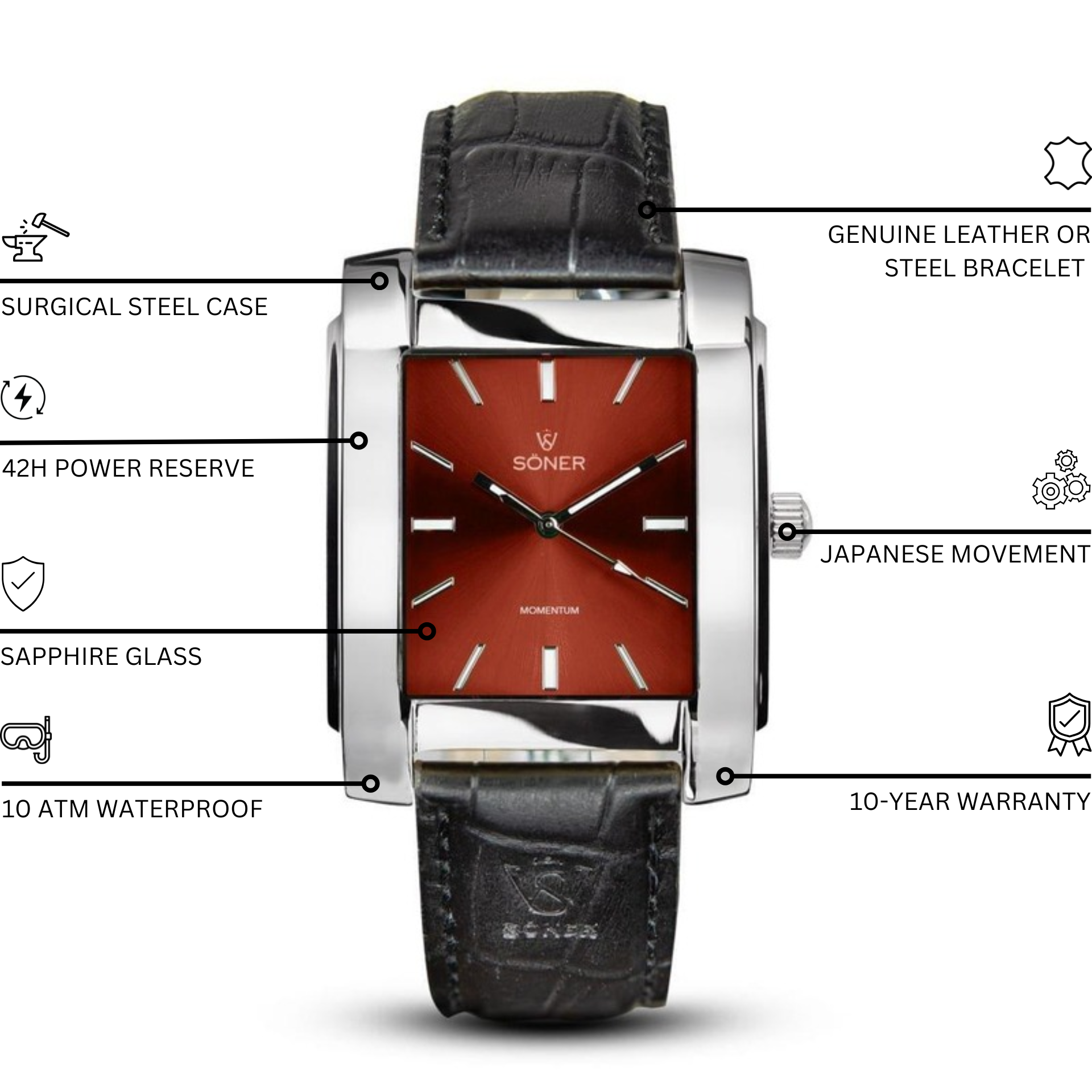 Momentum Rhodes from Söner is a self-winding rectangular wristwatch, showcasing a striking red dial adorned with silver hour markers and elegantly encased in silver. This timepiece is complemented by a black leather strap with a textured pattern, effortlessly combining classic style and modern sophistication.