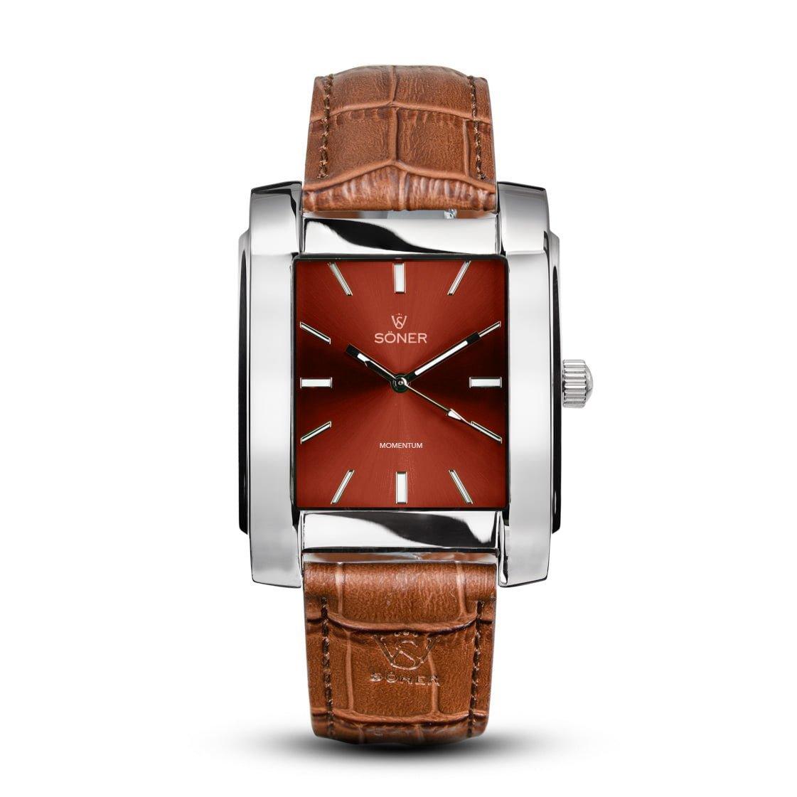 Introducing the Momentum Rhodes from Söner: a self-winding square watch featuring a brown leather strap and a striking red face. Encased in silver, it highlights minimalist hour markers and hands, with the brand name "Söner" elegantly displayed on the dial.