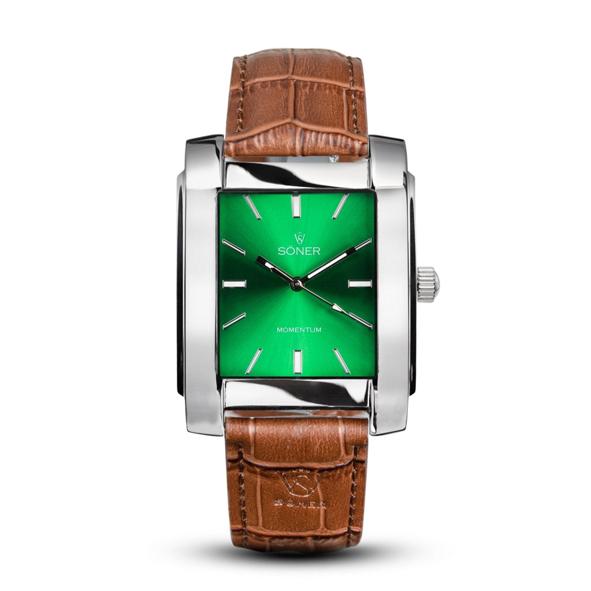 Introducing the Momentum Rockefeller, a luxurious rectangular timepiece with a polished silver case, vibrant green dial, and elegant brown leather strap. The watch showcases minimalist hour markers and two sleek hands, elegantly adorned with the SONER and MOMENTUM logos on its face.