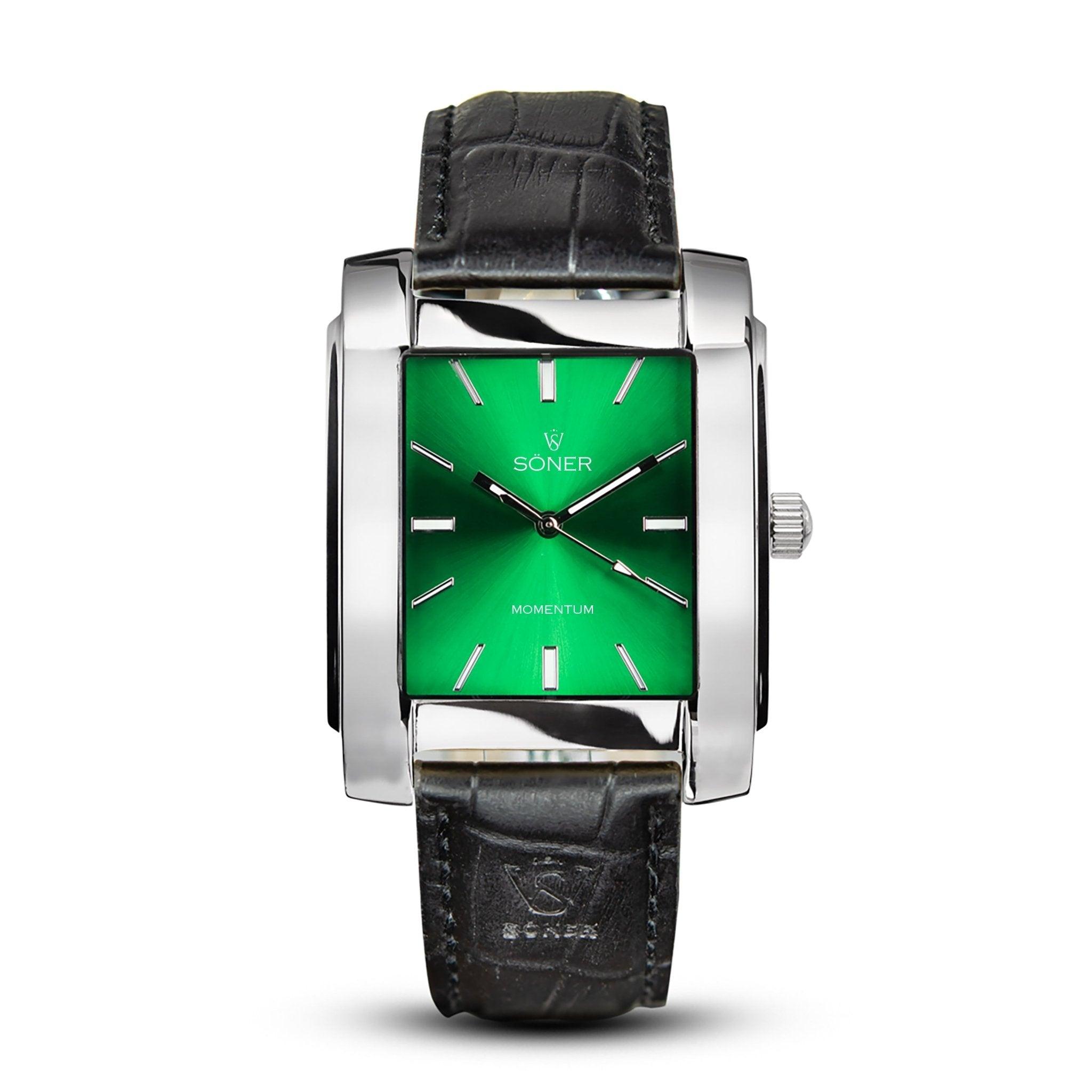 The Momentum Rockefeller (Self-winding) watch features a rectangular design with a green face and silver hour markers and hands. It is encased in a silver-toned frame and paired with a textured black leather strap. The Söner brand name is elegantly displayed on the dial, making it a sophisticated choice for any occasion.